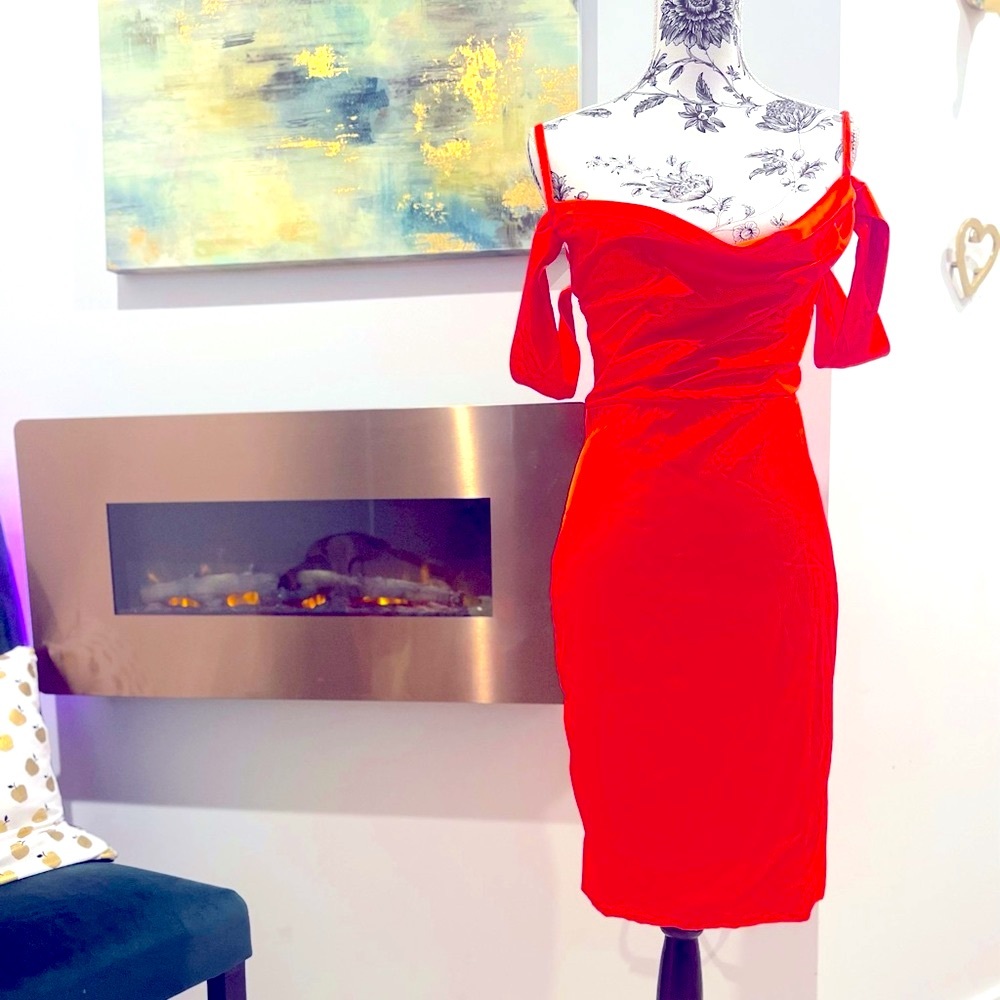 Satin Orange MIDI length off the shoulder dress